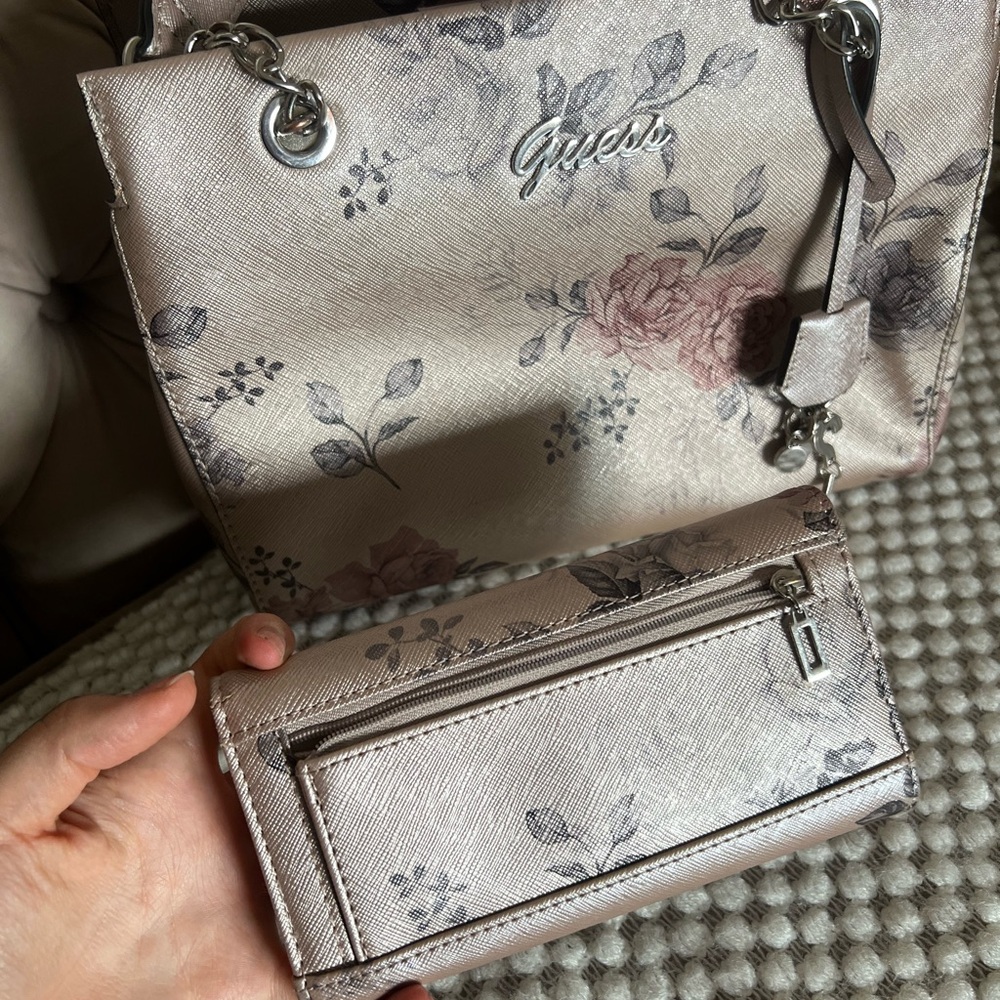 Guess Floral Shoulder Bag and Wallet - Pink and Gray - Picture 2 of 9